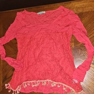 Chic Coral Lace Blouse with Tassel Accents